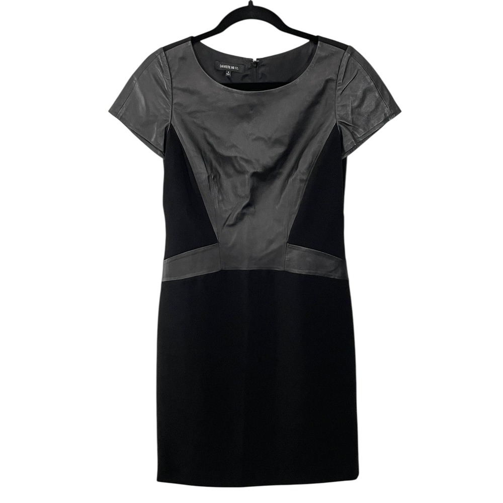 LAFAYETTE‎ 148 NEW YORK Black Leather Panel Sheath Dress Size 2 Short Sleeve